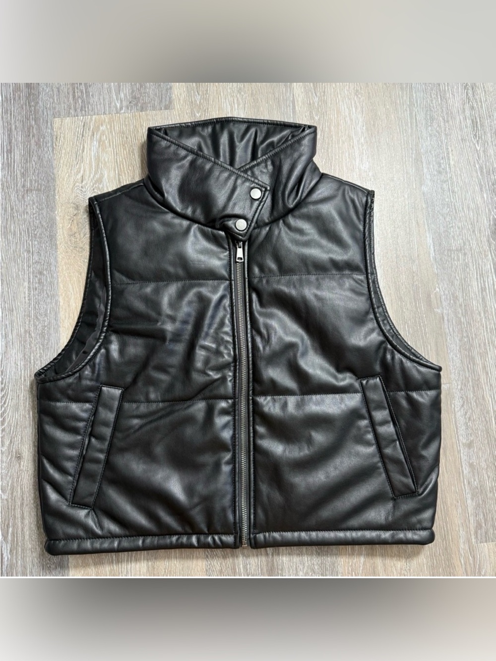Anthropologie Black Faux Leather Quilted Puffer Vest
